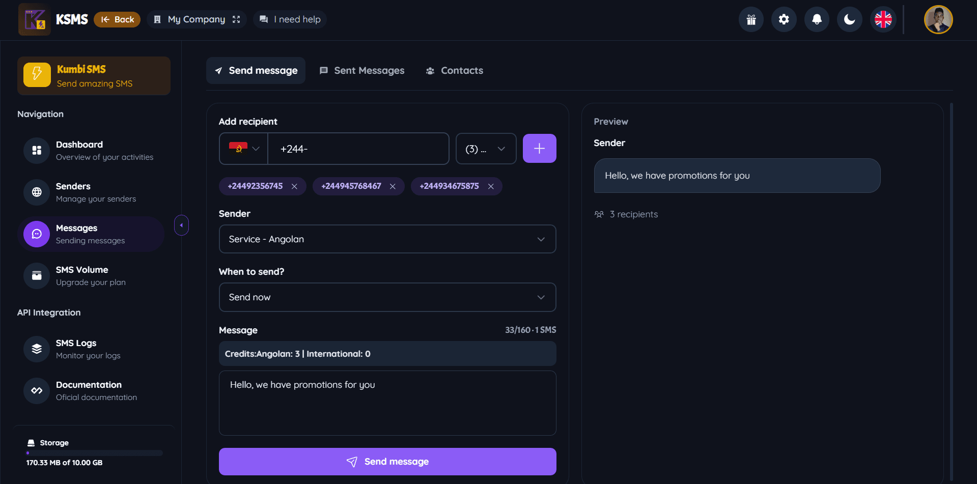 Kumbi SMS — painel de envio e histórico de mensagens